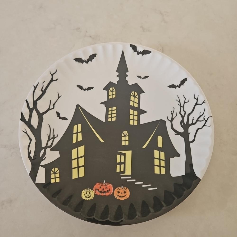 Set Of 8 13th & ELM HALLOWEEN Haunted House DINNER Plates MELAMINE Bats Pumpkin